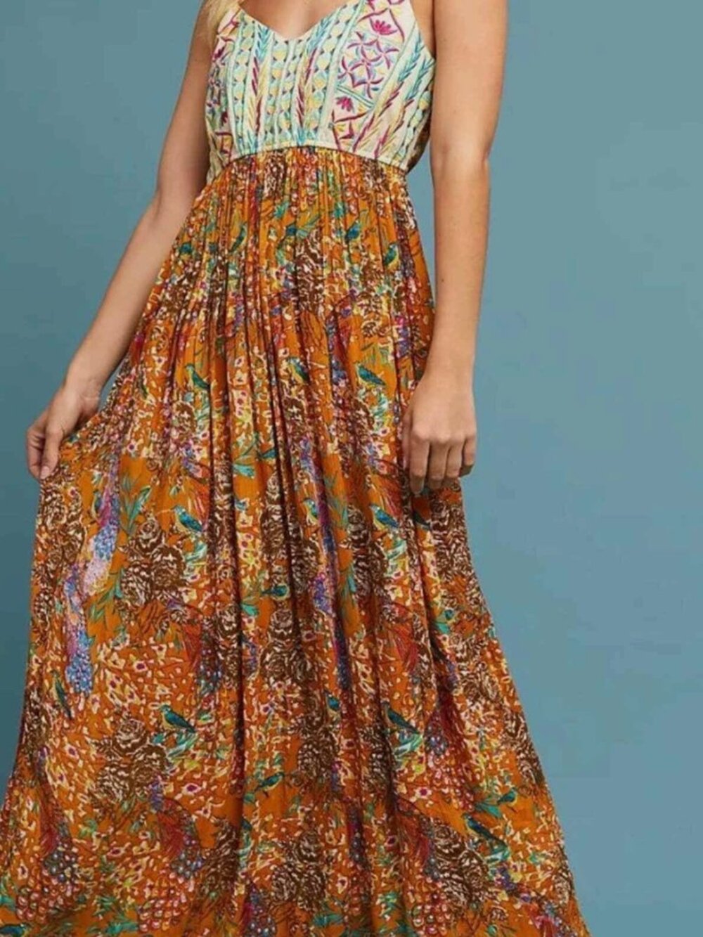 RAGA Feathers of Paradise Anthropologie Embroidered Maxi Dress – Size M